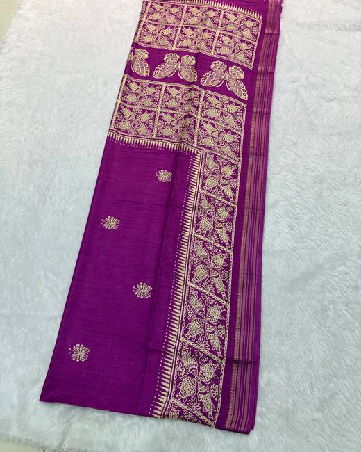 Soft Silk Saree with Woven Contrast Pallu in Purple with Cream