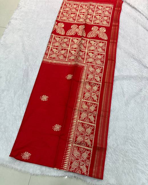 Soft Silk Saree with Woven Contrast Pallu in Red with Cream