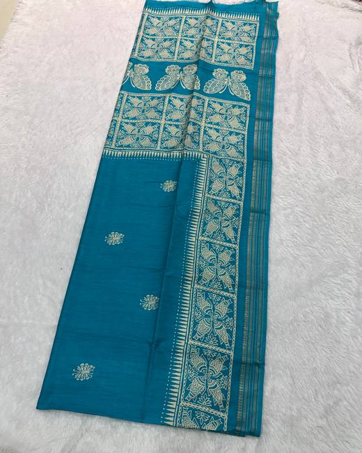 Soft Silk Saree with Woven Contrast Pallu in Teal with Cream