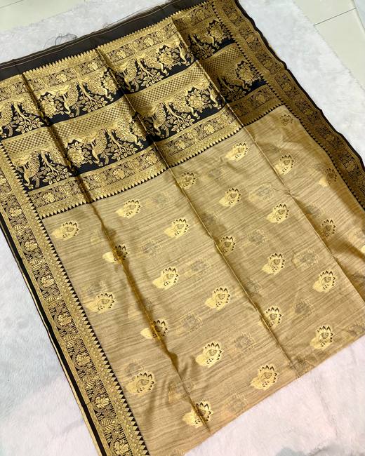 Soft Silk Saree with Banarasi Meena Butis in Gold with Black