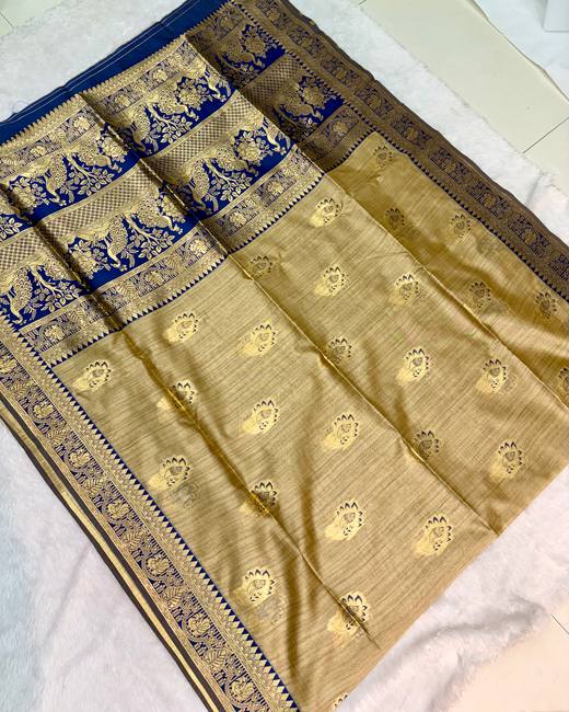 Soft Silk Saree with Banarasi Meena Butis in Gold with Blue