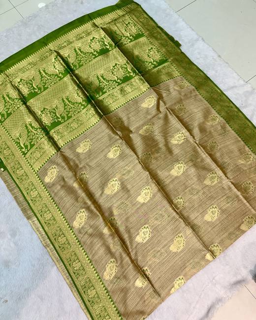 Soft Silk Saree with Banarasi Meena Butis in Gold with Green