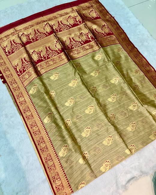 Soft Silk Saree with Banarasi Meena Butis in Gold with Maroon