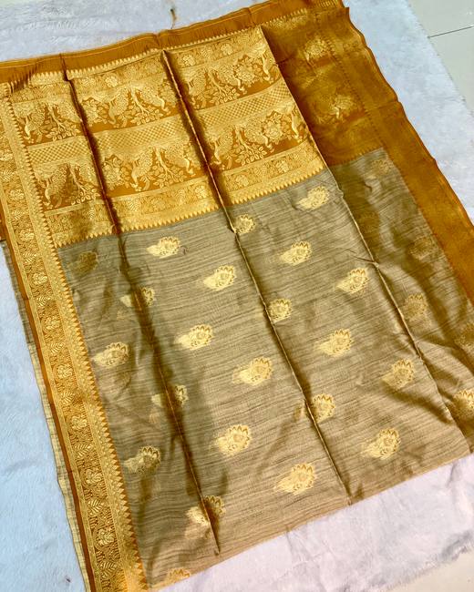 Soft Silk Saree with Banarasi Meena Butis in Gold with Mustard