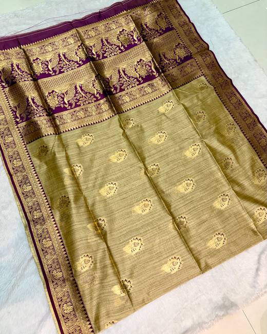 Soft Silk Saree with Banarasi Meena Butis in Gold with Purple