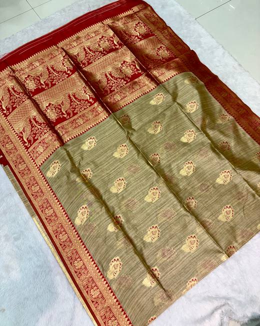 Soft Silk Saree with Banarasi Meena Butis in Gold with Red