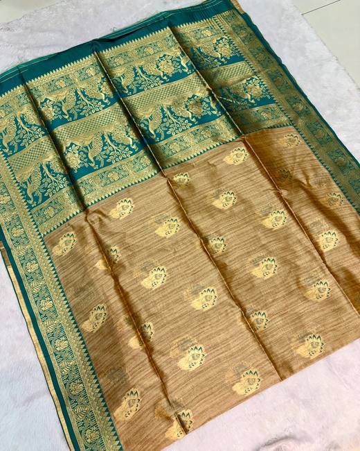Soft Silk Saree with Banarasi Meena Butis in Gold with Teal