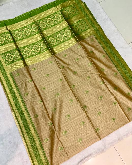 Soft Silk Saree with Banarasi Meena Buttis in Beige with Green