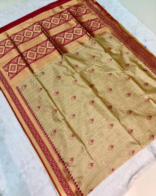 Soft Silk Saree with Banarasi Meena Buttis in Beige with Maroon