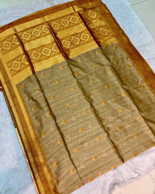 Soft Silk Saree with Banarasi Meena Buttis in Beige with Mustard
