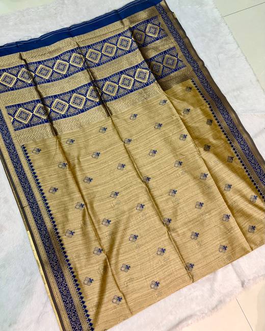Soft Silk Saree with Banarasi Meena Buttis in Beige with Navy