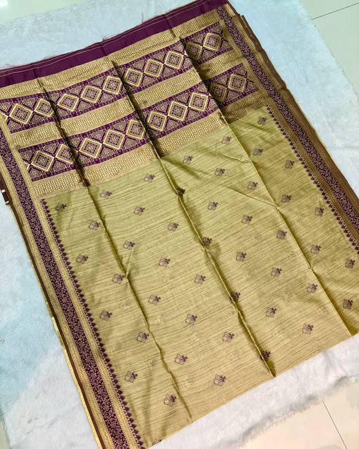 Soft Silk Saree with Banarasi Meena Buttis in Beige with Purple