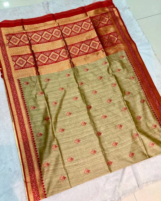 Soft Silk Saree with Banarasi Meena Buttis in Beige with Red