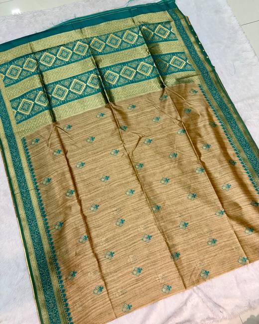 Soft Silk Saree with Banarasi Meena Buttis in Beige with Teal