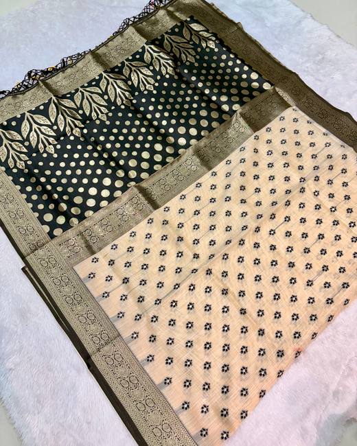 Soft Silk Saree with Banarasi Meena Buttis in Cream with Black