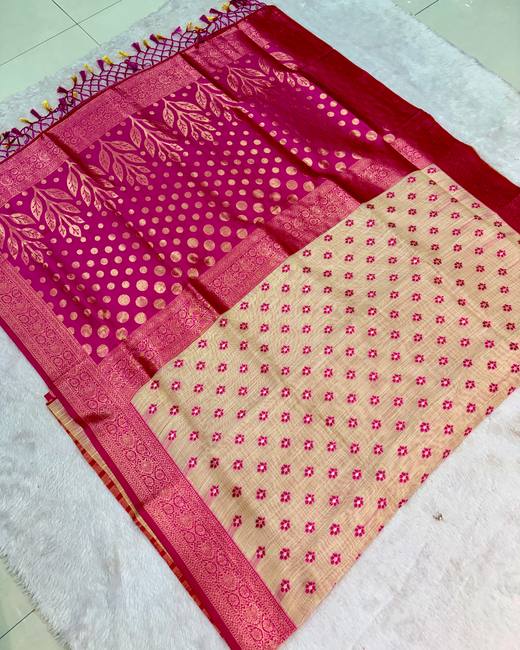 Soft Silk Saree with Banarasi Meena Buttis in Cream with Magenta