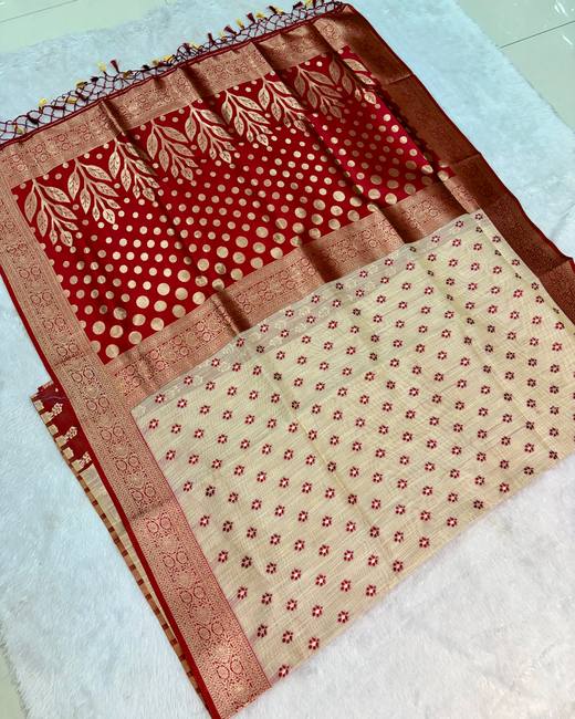 Soft Silk Saree with Banarasi Meena Buttis in Cream with Maroon