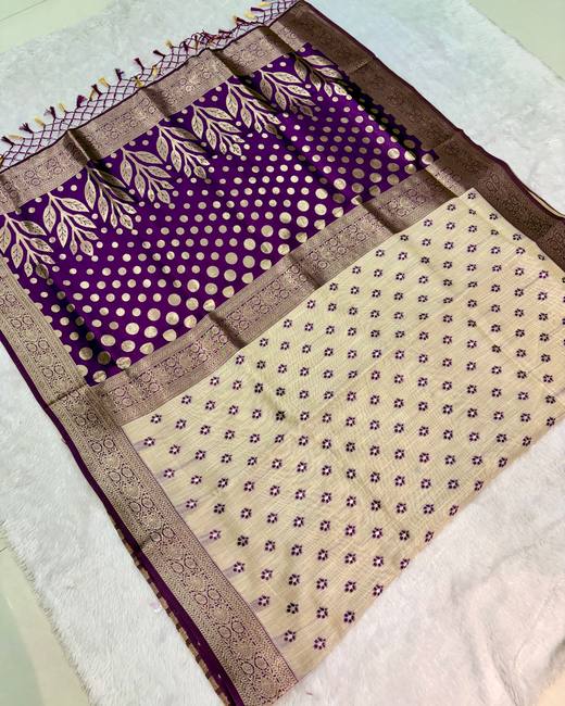 Soft Silk Saree with Banarasi Meena Buttis in Cream with Purple