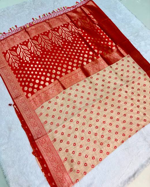 Soft Silk Saree with Banarasi Meena Buttis in Cream with Red
