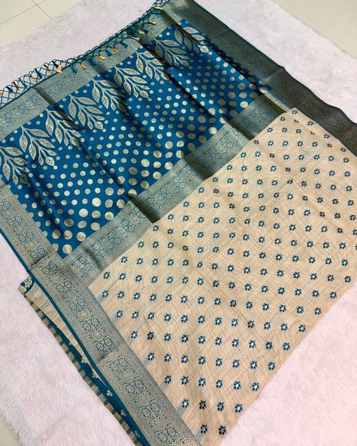 Soft Silk Saree with Banarasi Meena Buttis in Cream with Teal
