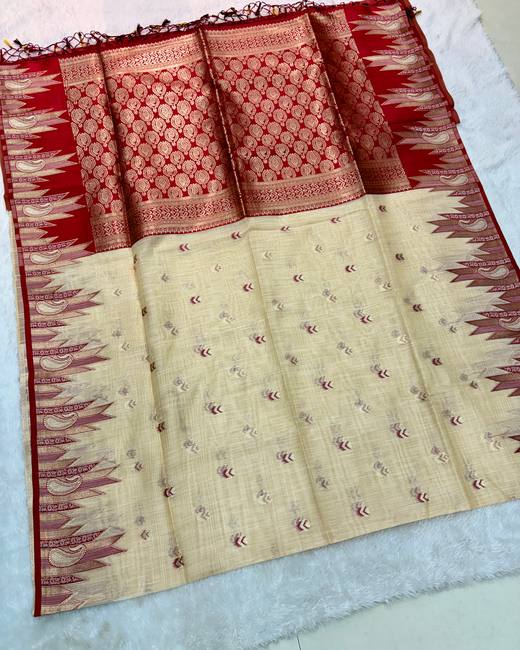 Ghicha Tassar Saree with Gadwal Style Border in Cream with Maroon