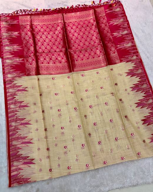 Ghicha Tassar Saree with Gadwal Style Border in Cream with Pink