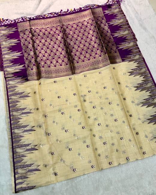 Ghicha Tassar Saree with Gadwal Style Border in Cream with Purple