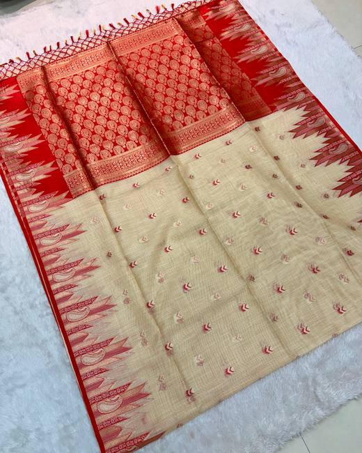 Ghicha Tassar Saree with Gadwal Style Border in Cream with Red