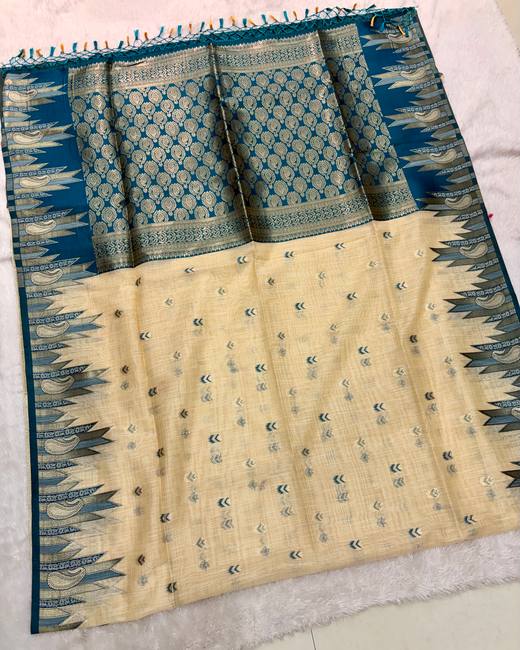Ghicha Tassar Saree with Gadwal Style Border in Cream with Teal