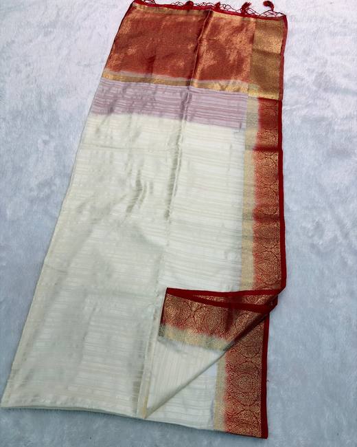 Semi Matka Silk Saree with Contrast Border in Ivory with Rust