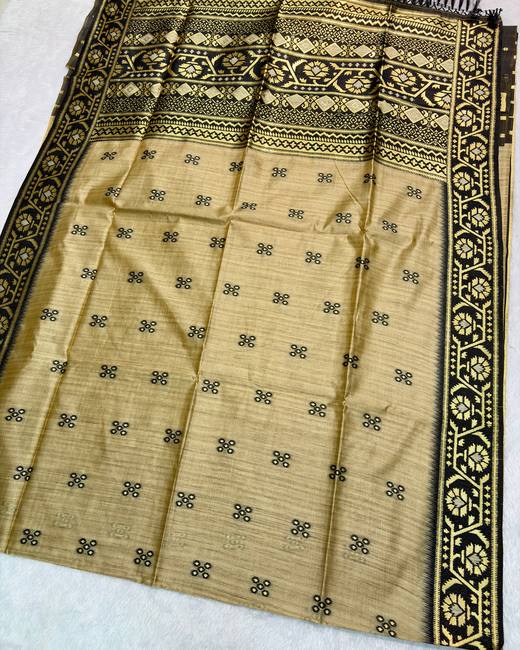 Semi Tussar Saree with Jamdani Border in Beige with Black