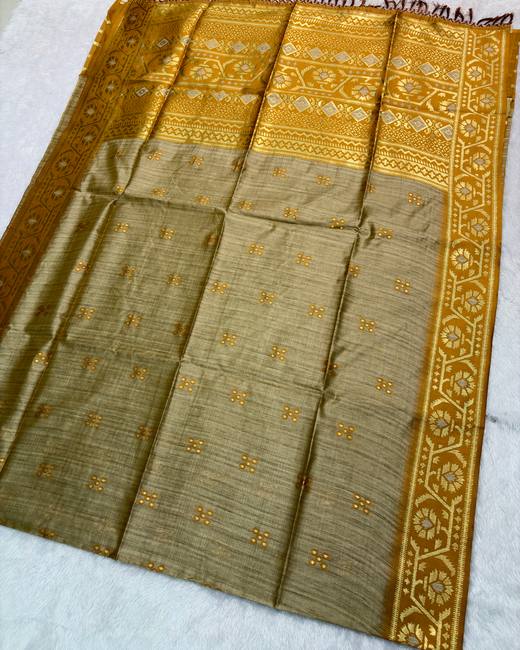 Semi Tussar Saree with Jamdani Border in Beige with Mustard
