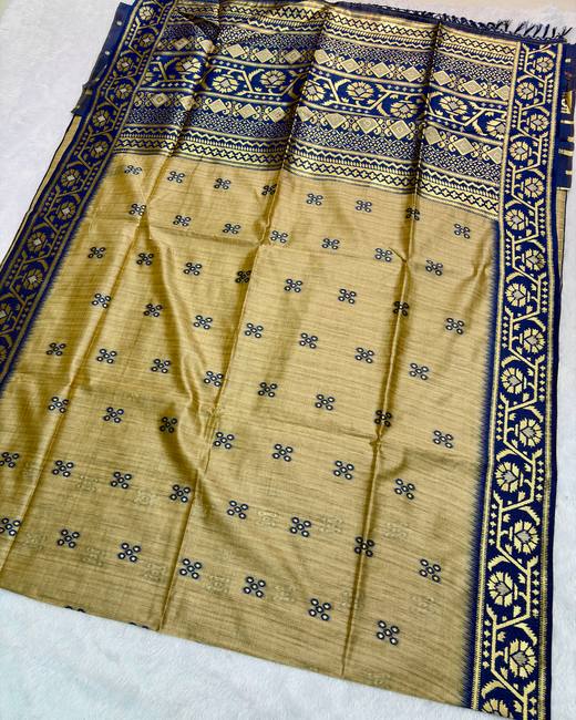 Semi Tussar Saree with Jamdani Border in Beige with Navy