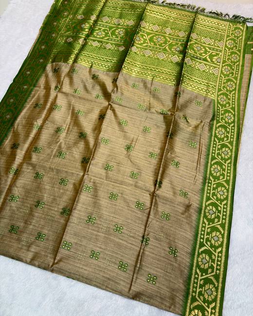 Semi Tussar Saree with Jamdani Border in Beige with Olive