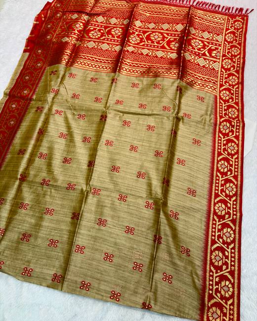Semi Tussar Saree with Jamdani Border in Beige with Red