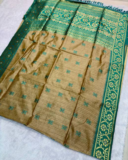 Semi Tussar Saree with Jamdani Border in Beige with Teal