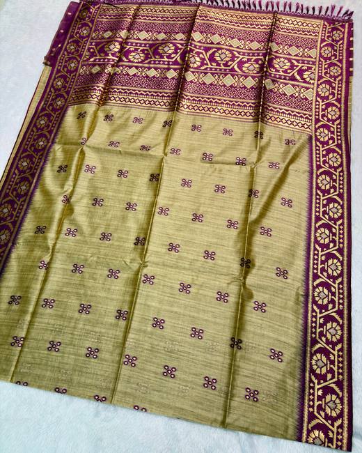 Semi Tussar Saree with Jamdani Border in Beige with Wine