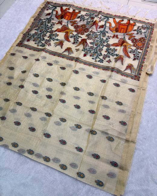 Cotton Silk Saree with Jamdani Style Pallu in Ivory with Rust
