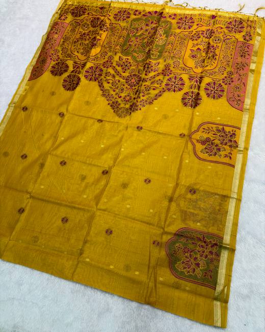 Cotton Silk Saree with Jamdani Style Pallu in Mustard with Maroon
