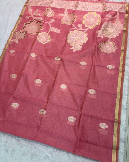 Cotton Silk Saree with Jamdani Style Pallu in Rose with Gold