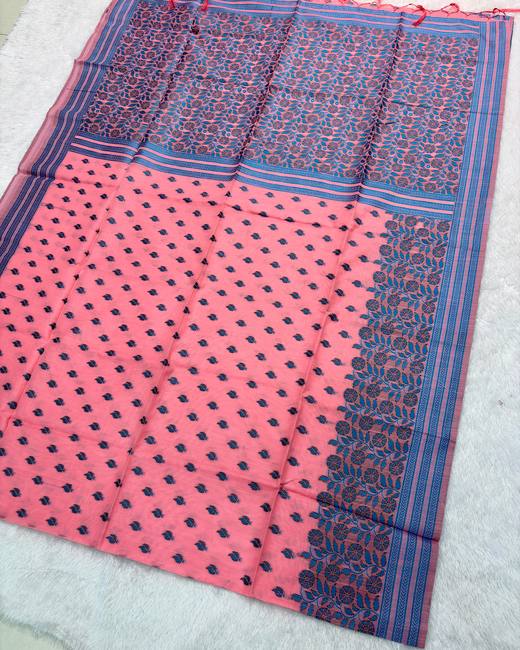 Cotton Silk Saree with Katha Style Weaving in Coral with Navy