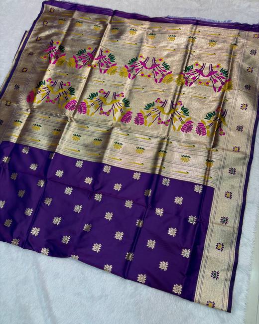 Soft Silk Saree with Paithani Style Pallu in Purple with Ivory