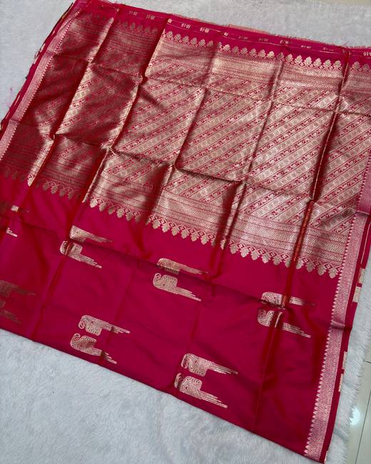 Soft Silk Saree with Double Paithani Buttis in Red with Gold