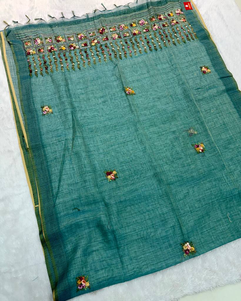 Hand Lambani Work Tissue Linen Saree — Fancy Silks
