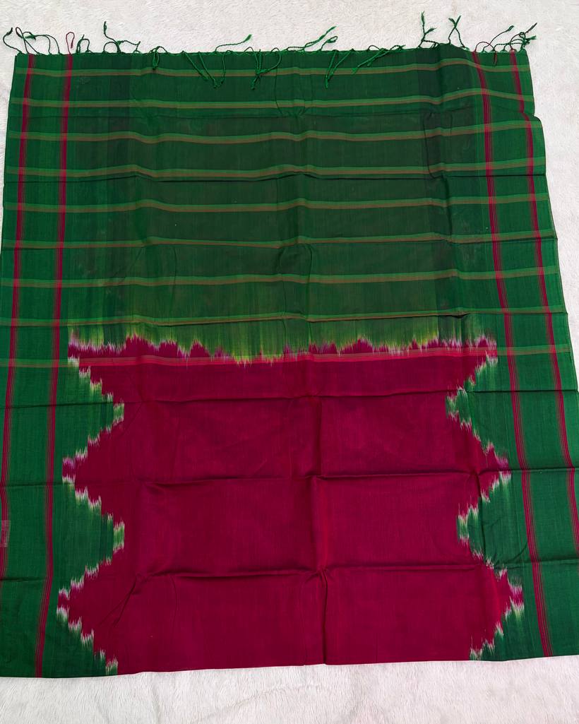 Rajshahi Cotton Saree with Ikkat Temple Border — Cottons